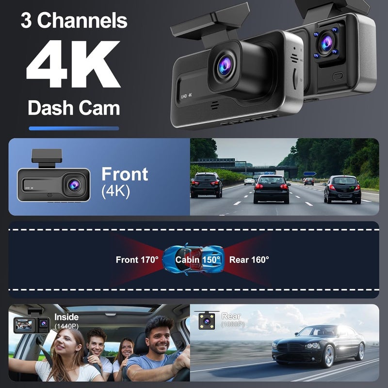 CHENSIVE 4K 3 Channel Dash Cam with 64GB Card, 4K+1080P+1440P Dash Cam Front and Rear Inside, Dash Camera for Cars with Motion Detection, 24H Parking Mode, Super Night Vision, Loop Recording - Image 2